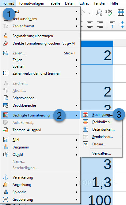 LibreOffice Calc Menü Format Bedingte Formatierung