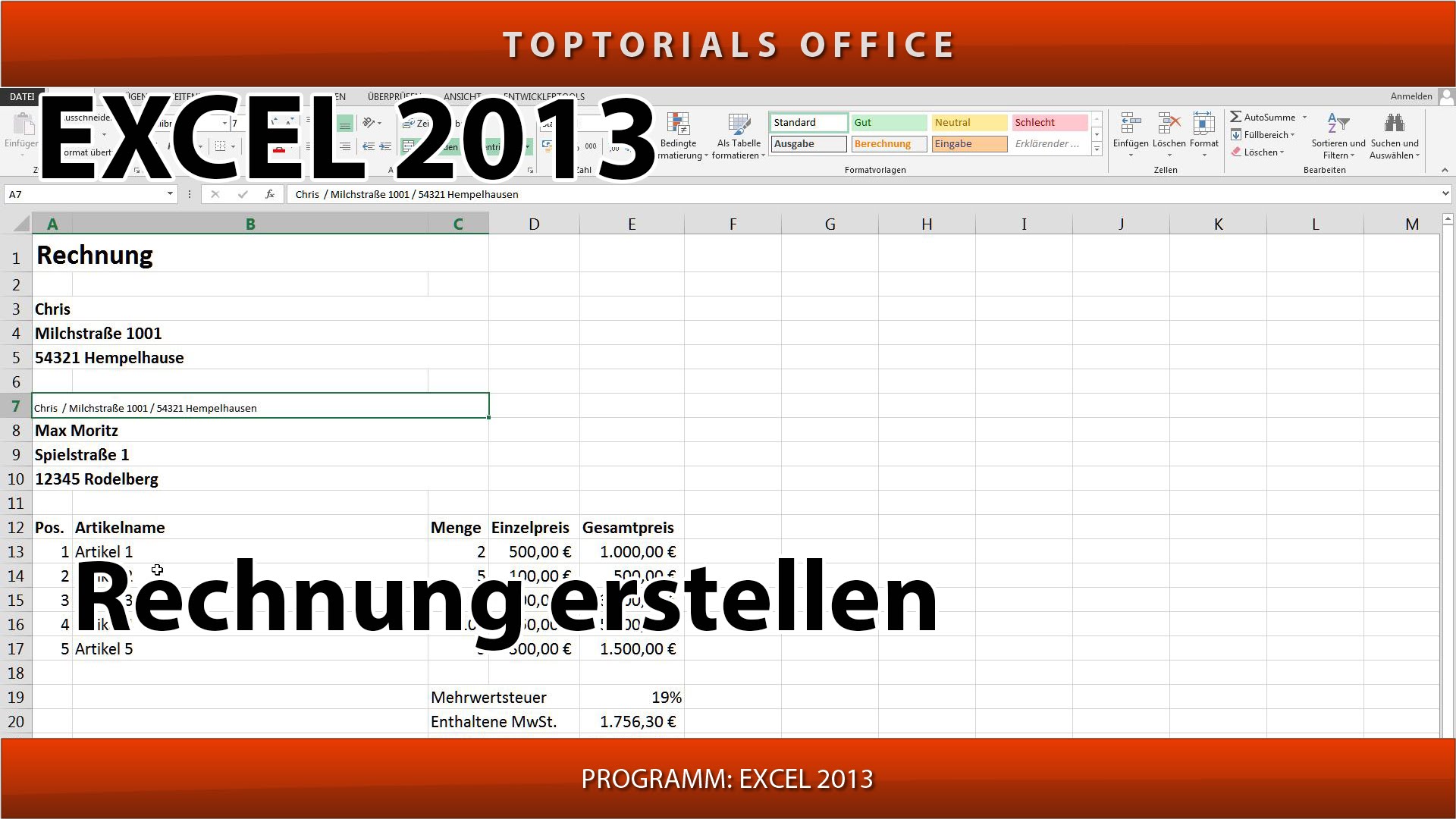 Rechnung erstellen / Quittung erstellen inkl. MwSt. (Excel) - TOPTORIALS