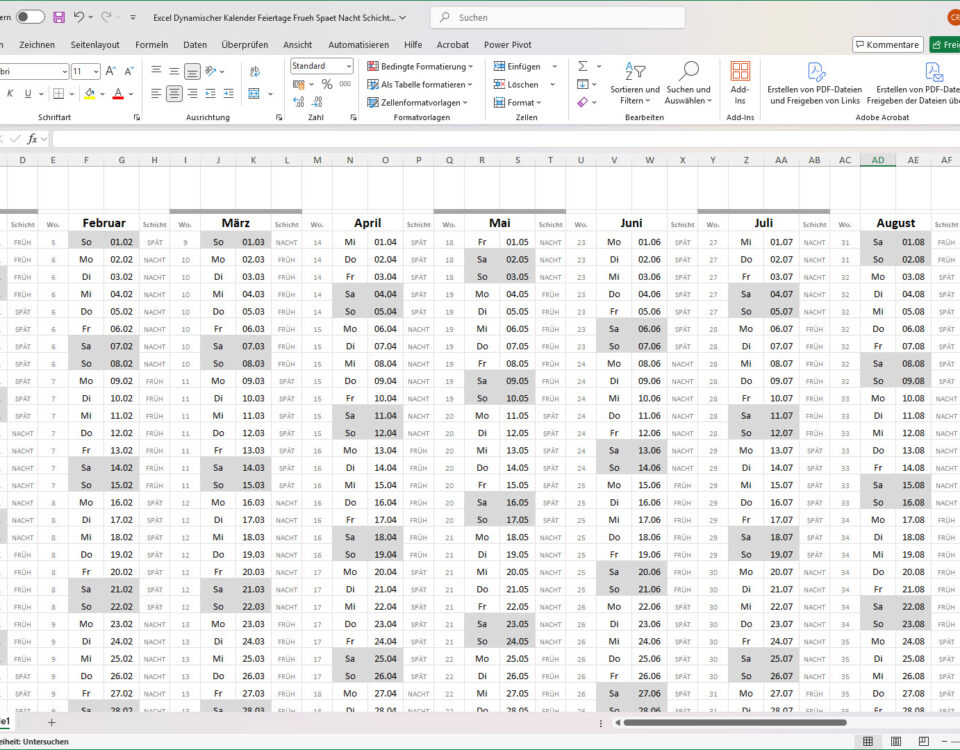 Dynamischer Kalender mit Feiertage und Schichten