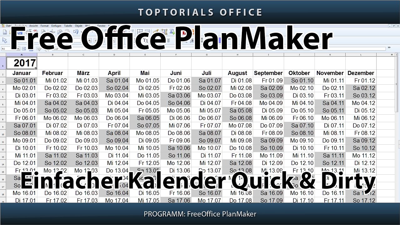 Einfachen Kalender erstellen (FreeOffice PlanMaker) - TOPTORIALS