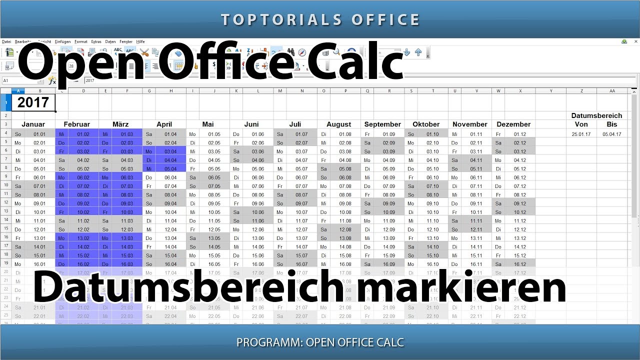 Datumsbereich im Kalender markieren + Download (OpenOffice Calc 