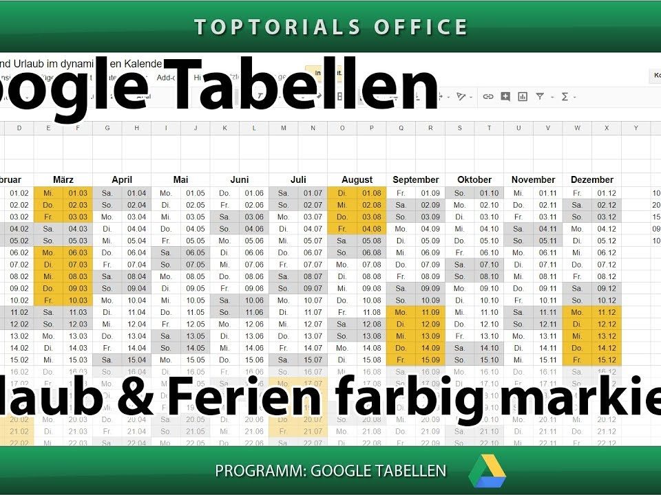 Vorschaubild Ferien und Urlaub im Kalender farbig markieren in Google Tabellen + Download