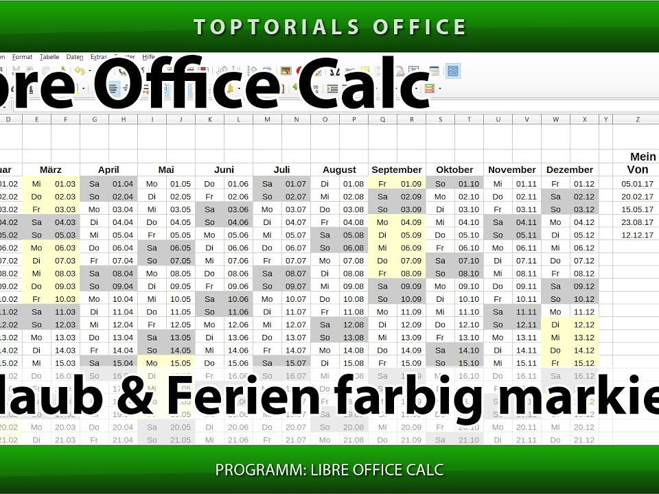 Vorschaubild Ferien und Urlaub im Kalender farbig markieren in LibreOffice Calc + Download