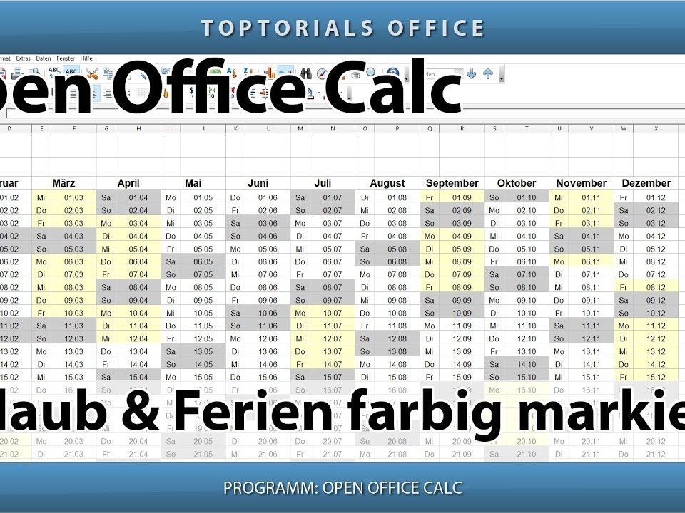 Vorschaubild Ferien und Urlaub im Kalender farbig markieren in OpenOffice Calc + Download