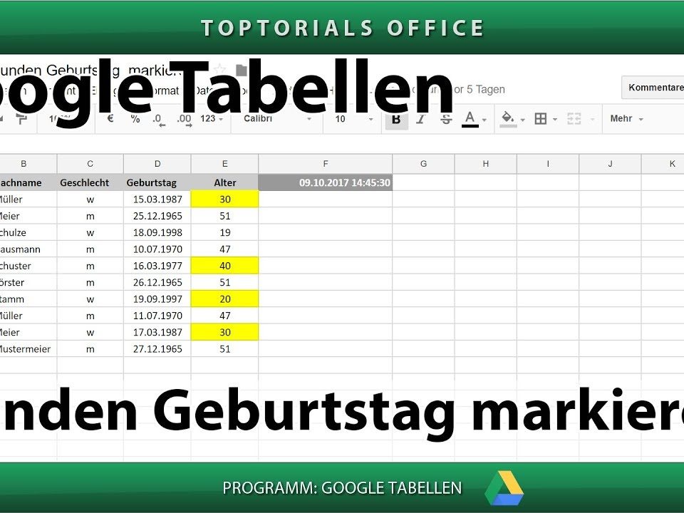 Vorschaubild Runden Geburtstag markieren mit Google Tabellen