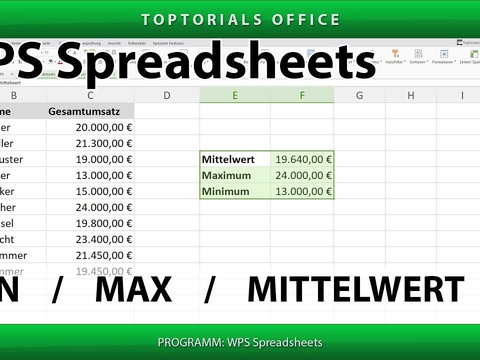 Vorschaubild MIN MAX MITTELWERT Berechnen mit WPS Spreadsheets