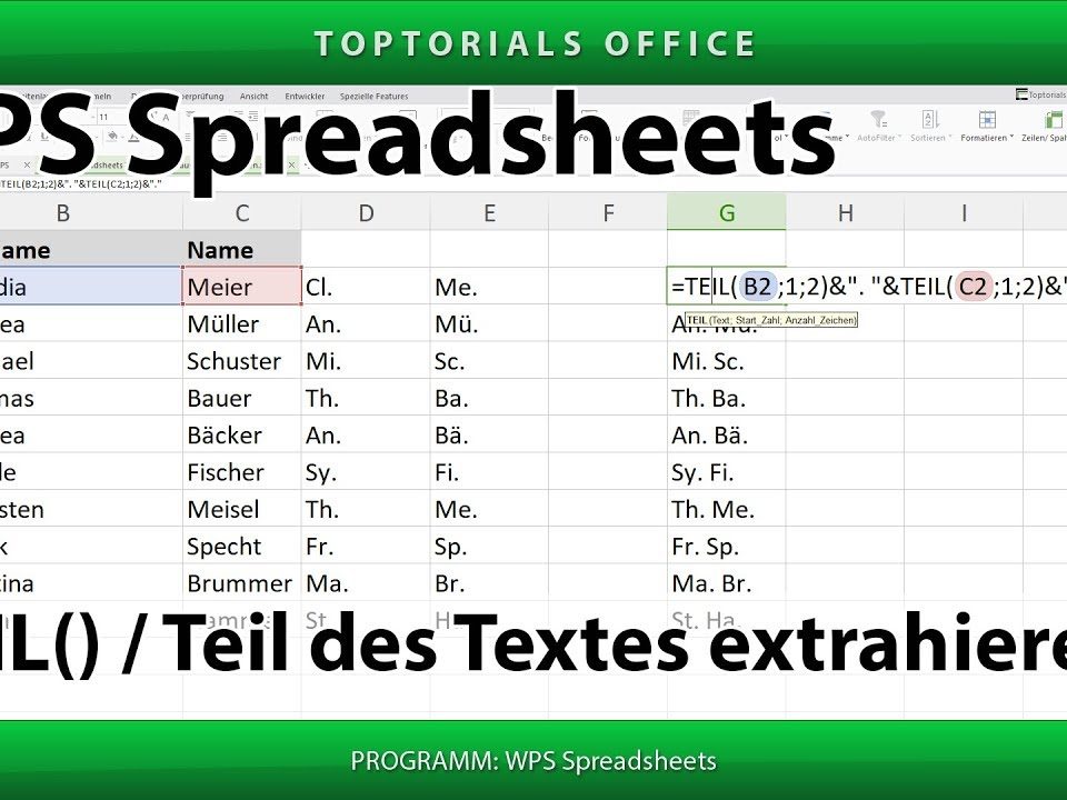 Vorschaubild Teil des Textes aus der Zelle auslesen mit WPS Spreadsheets