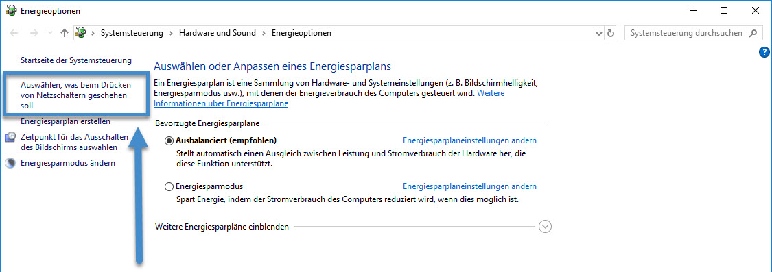 Windows 10. Was soll beim drücken des Netzschalters passieren.