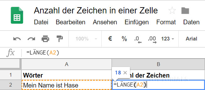 Google Tabellen Anzahl der Zeichen Formel