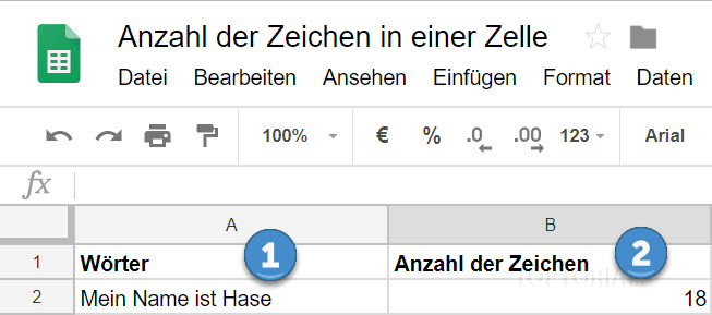 Google Tabellen Anzahl der Zeichen