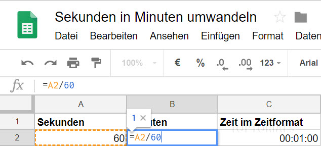 Google Tabellen Sekunden in Minuten Formel