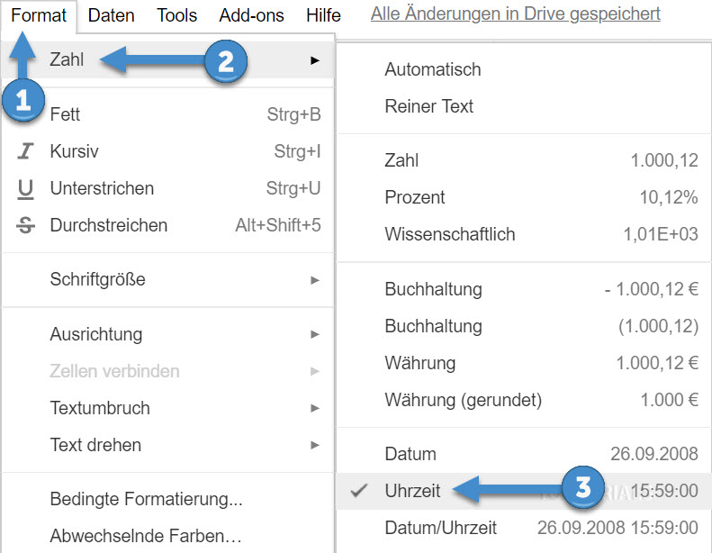 Google Tabellen Zelle mit Uhrzeit formatieren