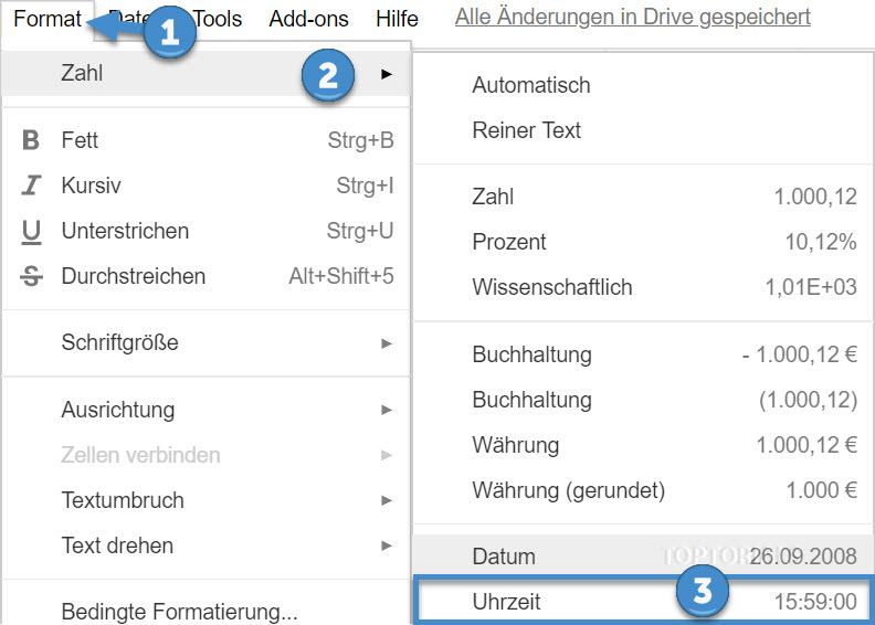 Google Zelle mit Uhrzeit formatieren