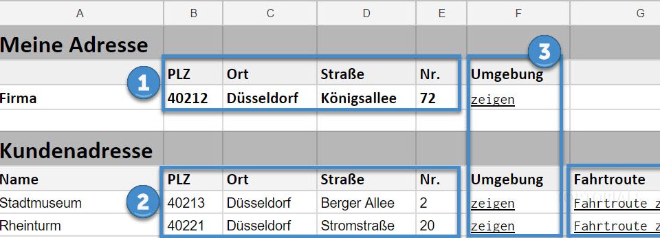 Vorschaubild Google Tabellen Adressen für Google Maps Link