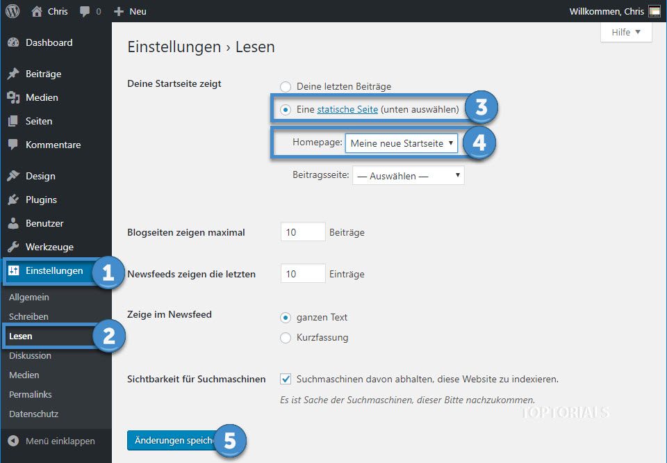 Vorschaubild Wordpress Startseite festlegen