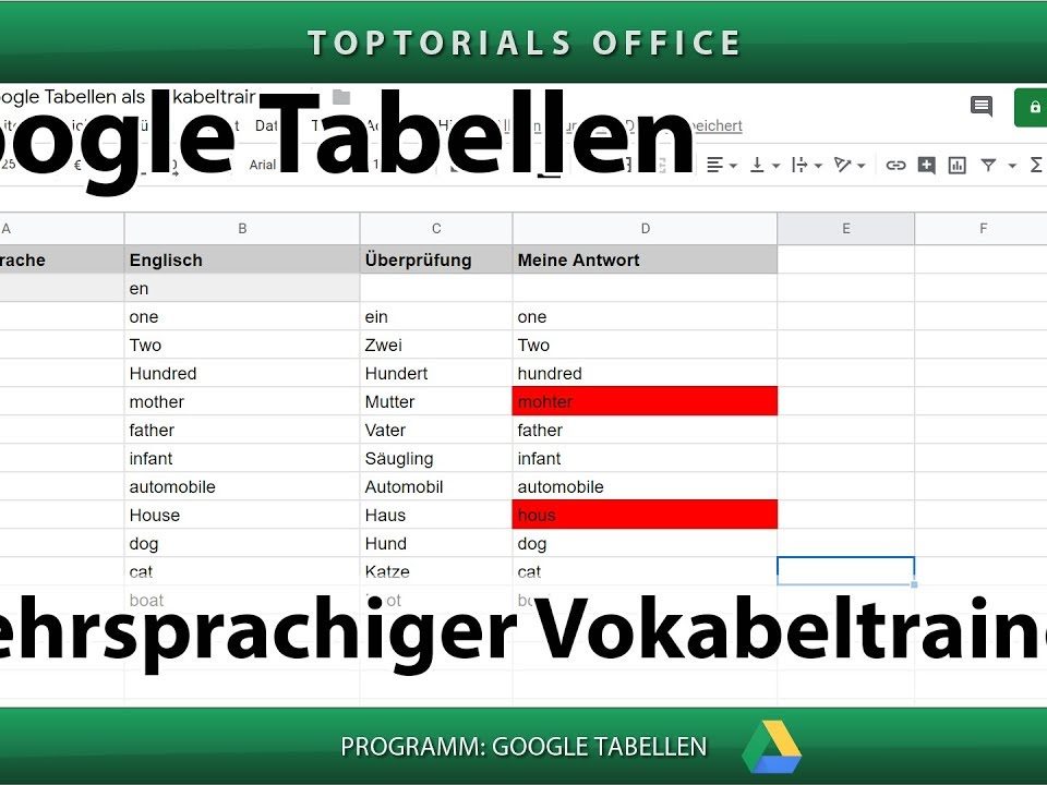Vorschaubild Google Tabellen als Vokabeltrainer