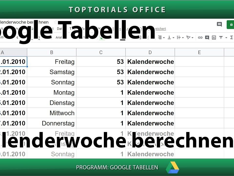 Vorschaubild Kalenderwoche von einem Datum berechnen in Google Tabellen