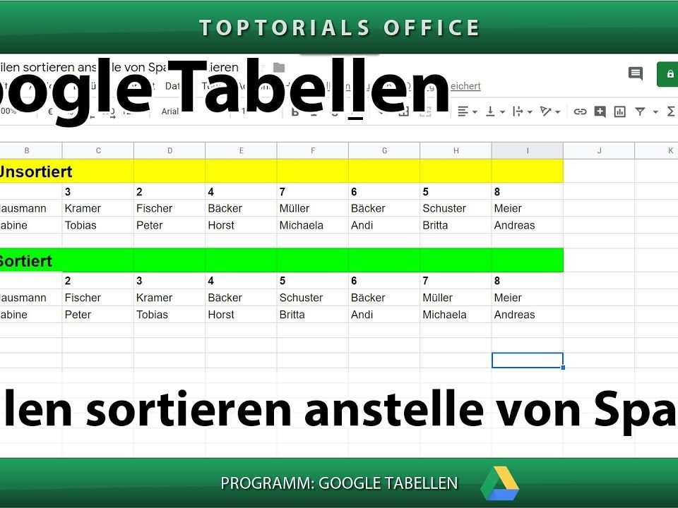 Vorschaubild Zeilen sortieren anstelle von Spalten in Google Tabellen