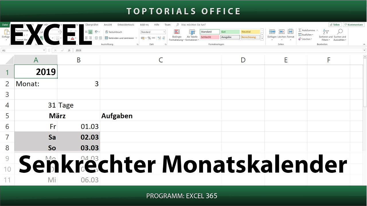 Dynamischer Senkrechter Monatskalender In Excel - TOPTORIALS