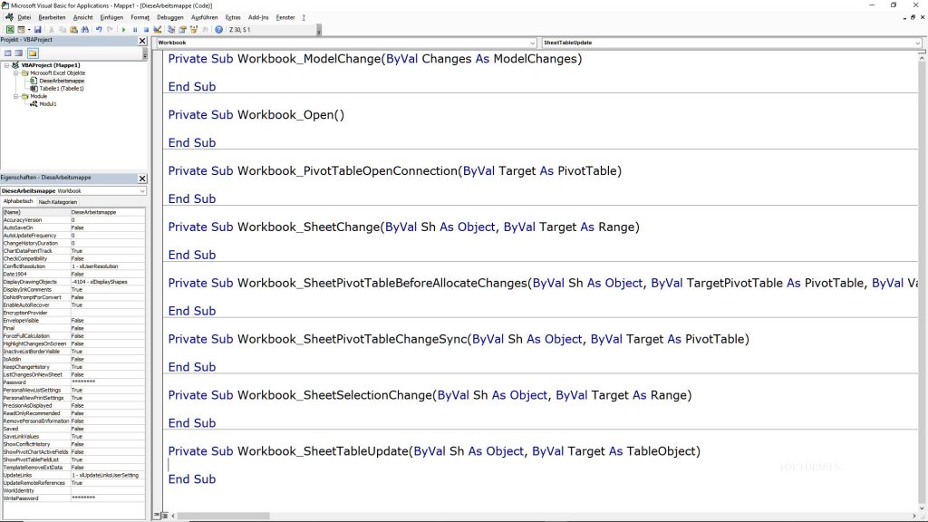 Excel VBA Arbeitsmappe Ereignisprozeduren