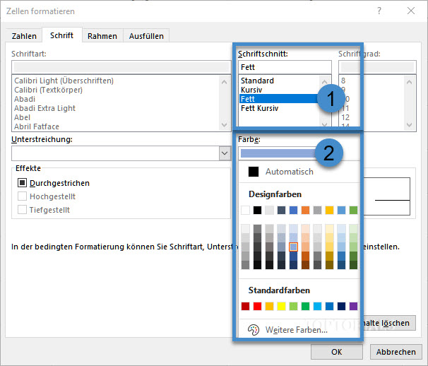 Excel Zellen formatieren Fett Schriftfarbe