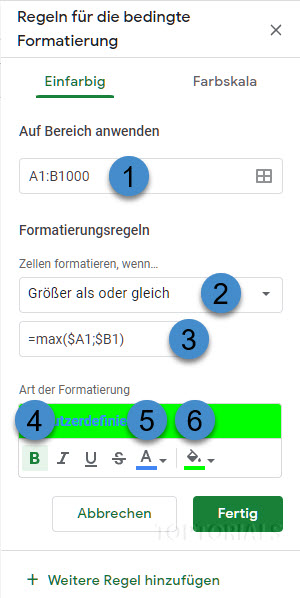 Google Tabellen Regeln bedingte Formatierung fertig