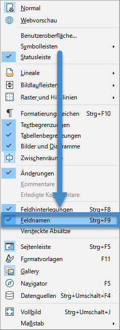 LibreOffice Writer Ansicht Feldnamen