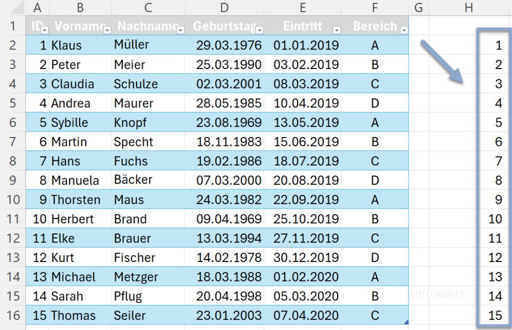 Funktion Übernehmen Ausgabe der ersten Spalte