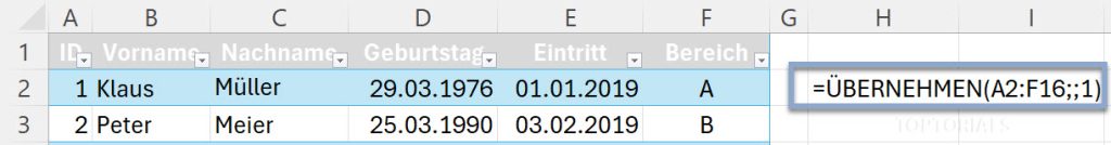 Übernehmen Funktion bei Spalten Formel