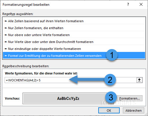 Formel für bedingte Formatierung beim einfachen Jahreskalender