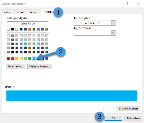 Zellen formatieren und blau als Farbe festlegen