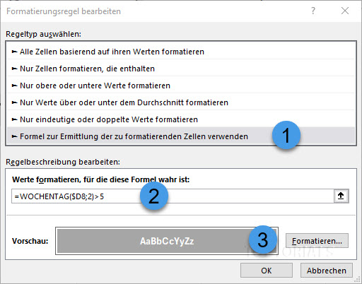 Bedingte Formatierung Wochenende beim senkrechten Kalender