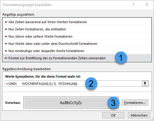 Formatierungsregeln Wochenende senkrechter Monatskalender