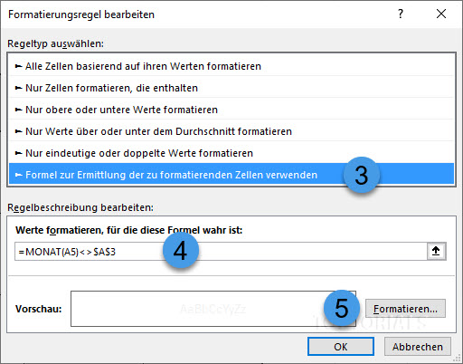 Formel für bedingte Formatierung Monatskalender