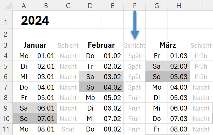 Kalender mit Schichtplan Einträgen