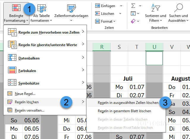 Regeln im ausgewählten Bereich löschen