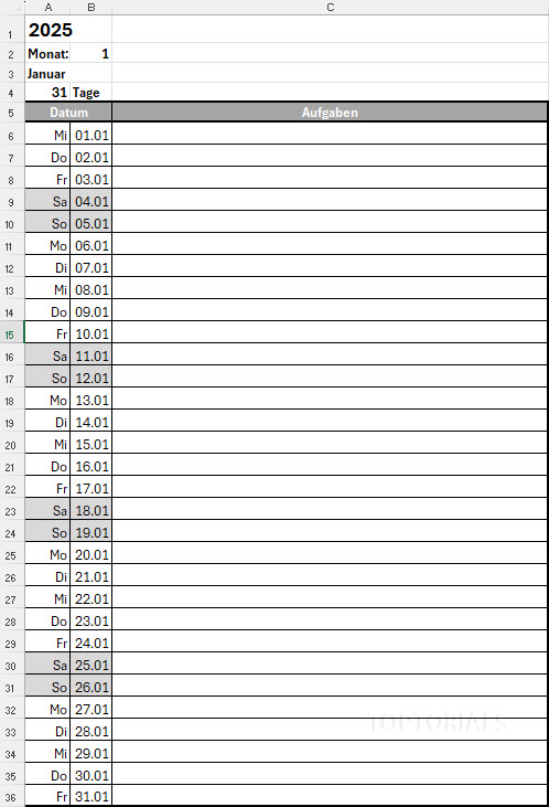 Senkrechter Monatskalender mit Excel