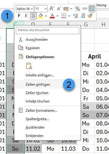 Spalten einfügen hier am Beispiel Spalte C