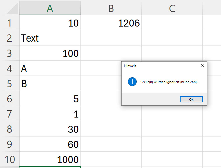 Summieren von Zelle A1 bis A10 und MsgBox