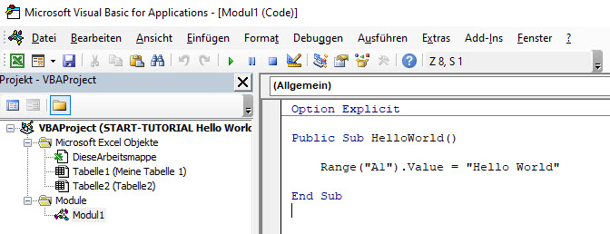 VBA Hello World Code im Modul