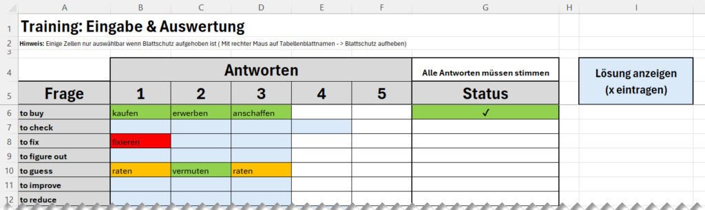 Vokabeltrainer Trainingsbereich